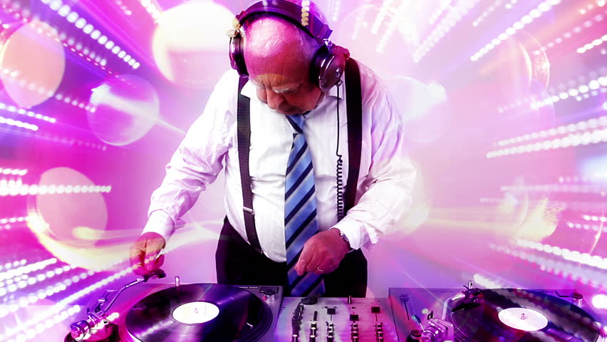 a very funky elderly grandpa dj mixing records
