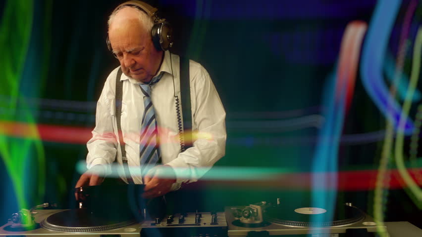 a very funky elderly grandpa dj mixing records
