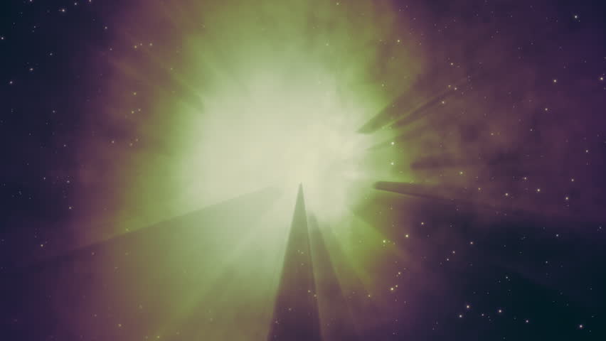 Looping animation of an outer space smoky nebula with moving rays, plasma and stars.