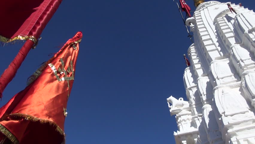 hindu temple in Rajasthan tower and flags