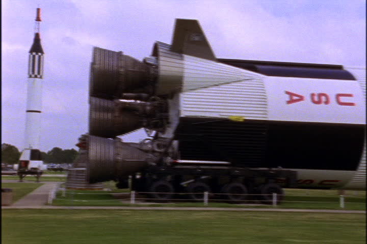 JOHNSON SPACE CENTER, HOUSTON, TEXAS - APRIL 28, 1999: Tracking shot down length of retired Saturn rocket in sections.