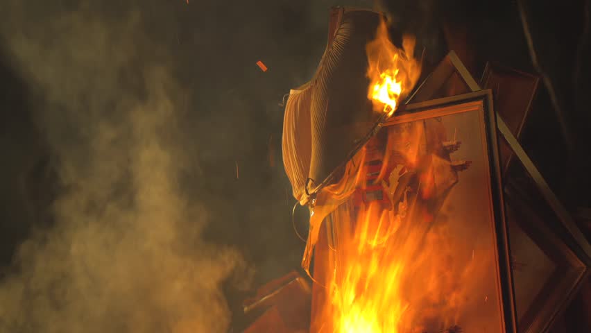 Bonfire at night, burning paintings and furniture, Shot on RED EPIC
