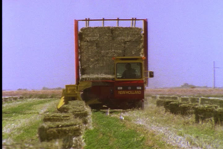 IMPERIAL VALLEY, CALIFORNIA - JUNE 03, 1996: Hay baling truck moves through field picking up bales of Sudan grass.