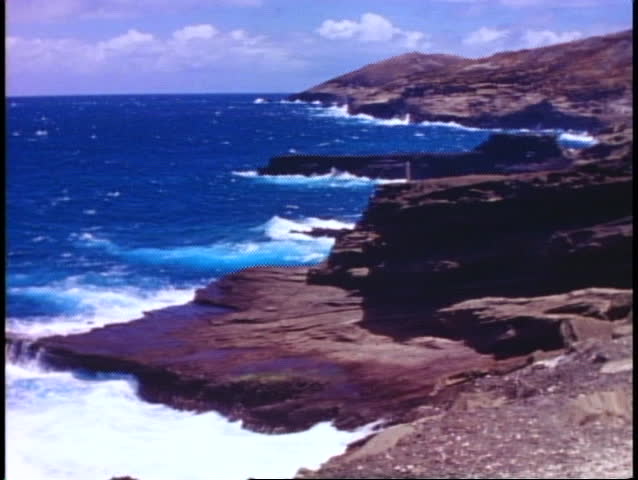 Hawaii, Island of Oahu cliffs and sea, rugged and jagged, wide shot