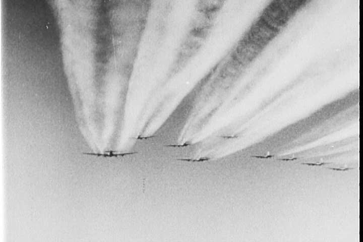 1940s - Good footage of dogfights over Germany, aerial combat footage, and planes being shot down.