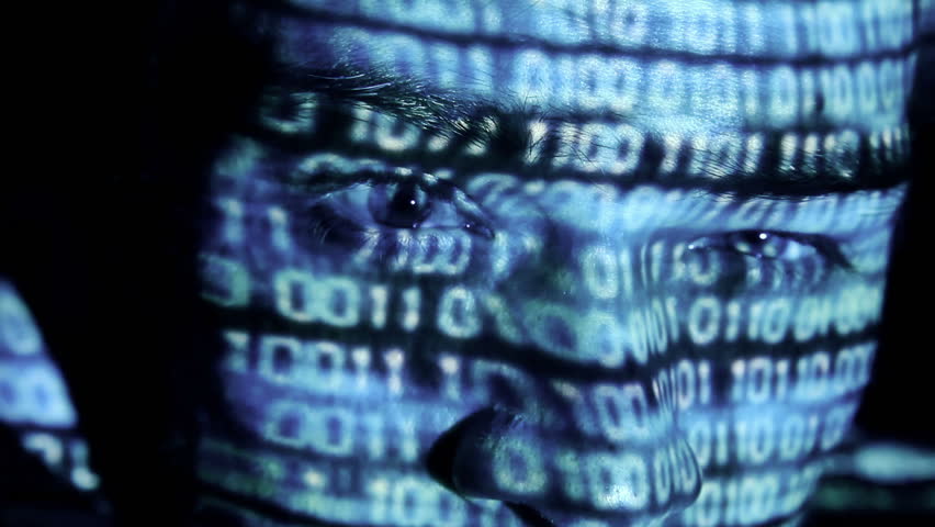 ID theft looking at the camera with binary codes reflections and animations
