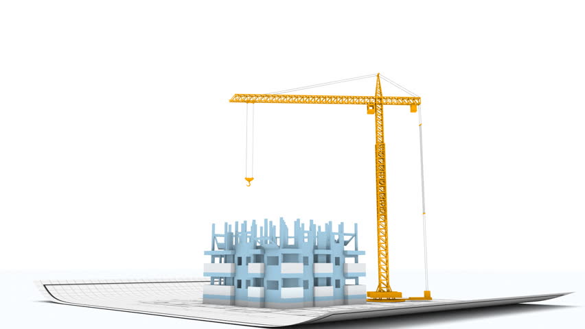 Time lapse animation of a construction crane building apartment houses.