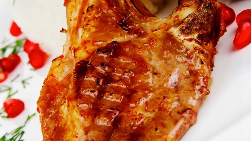 main course: grilled ribs with rice and tomatoes plate 1920x1080 intro motion slow hidef hd