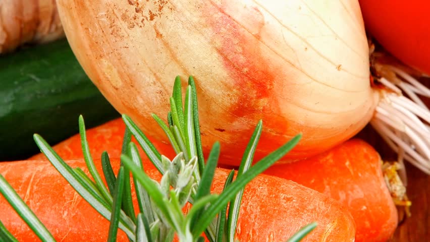collection of raw vegetables on kitchen wooden board 1920x1080 intro motion slow hidef hd