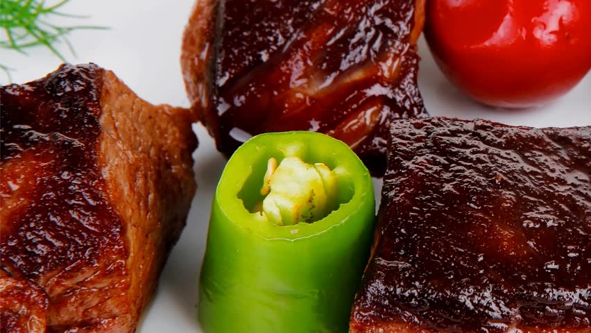 european food: roast beef meat goulash plate with tomatoes and dill 1920x1080 intro motion slow hidef hd
