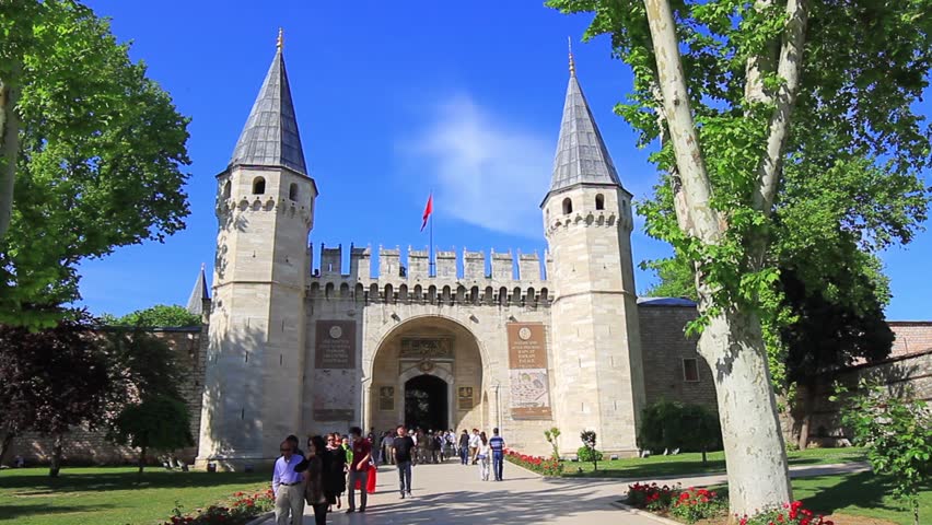 ISTANBUL - MAY 16: Gate of the Topkapi Palace on May 16, 2013 in Istanbul, Turkey. Palace ramparts at the second gate (Bab-us Selam or the Gate of Salutation) were completed in 1478. Historical Palace