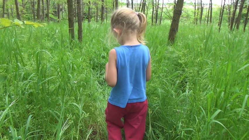 POV Child Walking in Acacia Forest, Girl Playing in Wood, Children in Nature