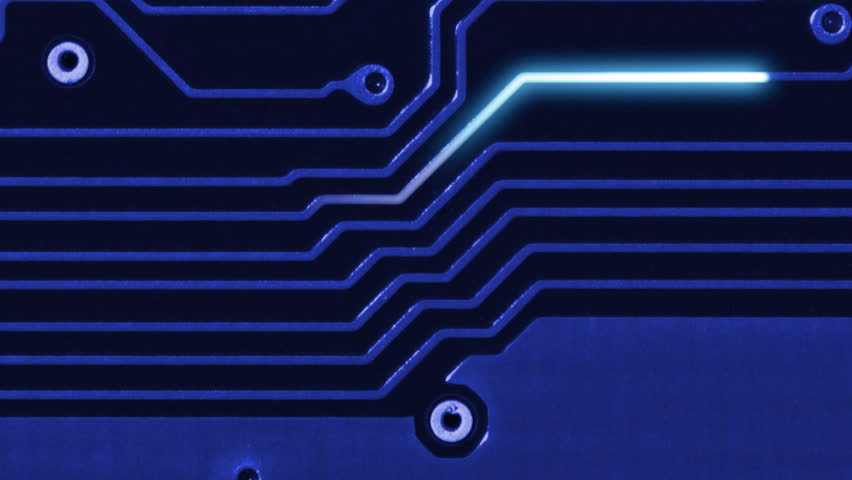 Data information flow background - Closeup of motherboard lines and glow lines animation