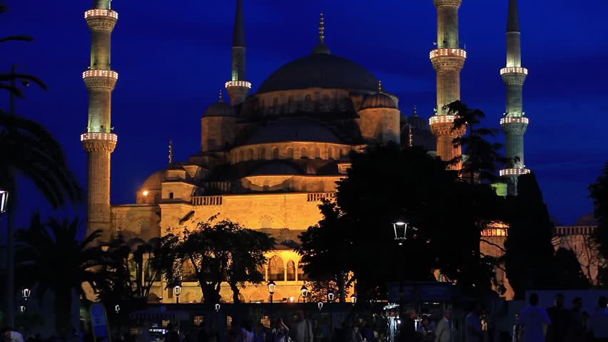 Blue Mosque at Sultanahmet, Istanbul, Turkey. Camera tilts up from bottom to top. Blue Mosque at Night. Tilt Up

