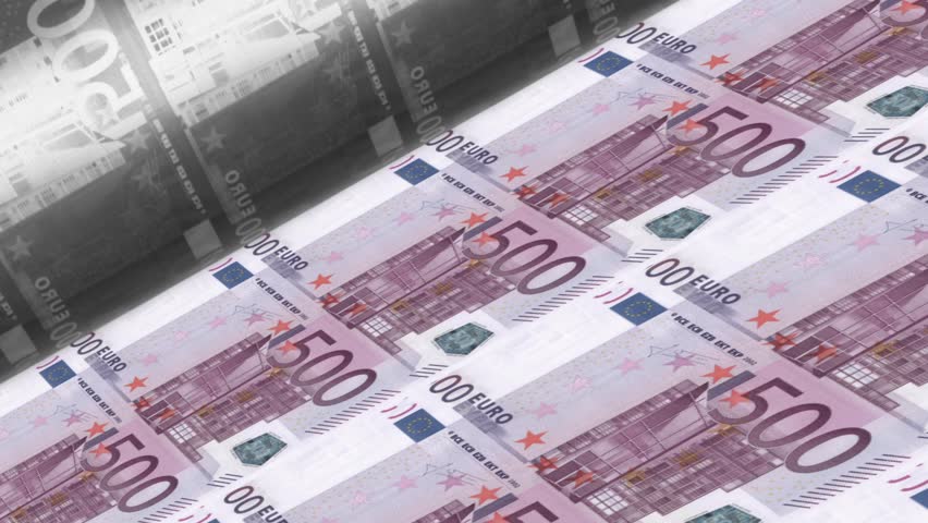 Offset Printing euro banknotes (500 dollar bill sheet). Very detailed high resolution 3D render. LOOP