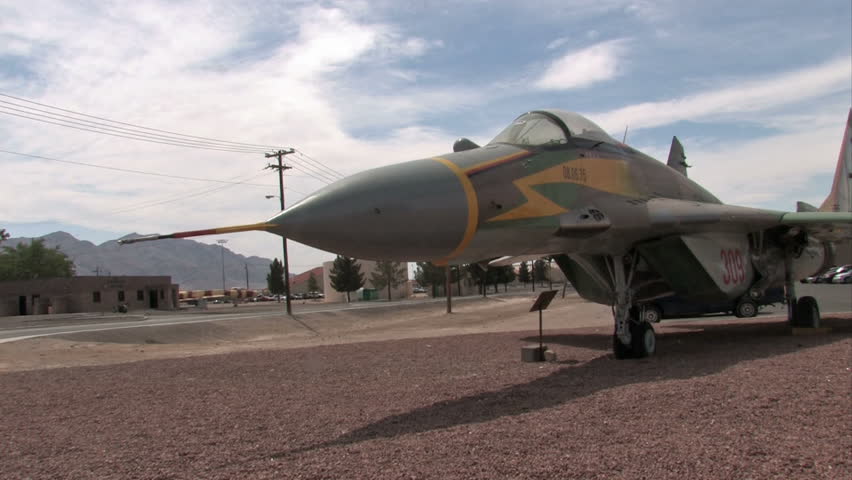 A captured Soviet Mig 29 Fulcrum. Slow pan from front of aircraft. Used by US Military for training and exploitation and reverse engineering.