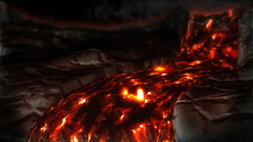 A river of lava pours down a rocky hill. Debris is carried along by the flowing lava. Smoke billows in the distance as lava erupts. The boiling lava causes a heat shimmer. Hot embers float bye. 