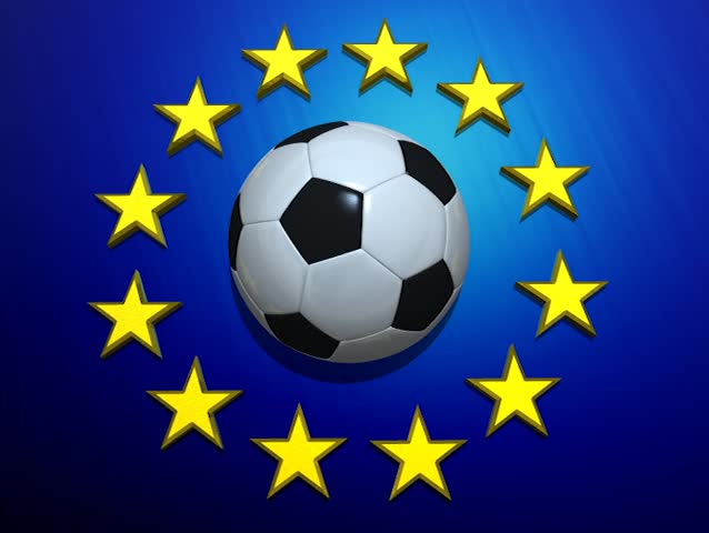Rotating soccer ball on European Union flag