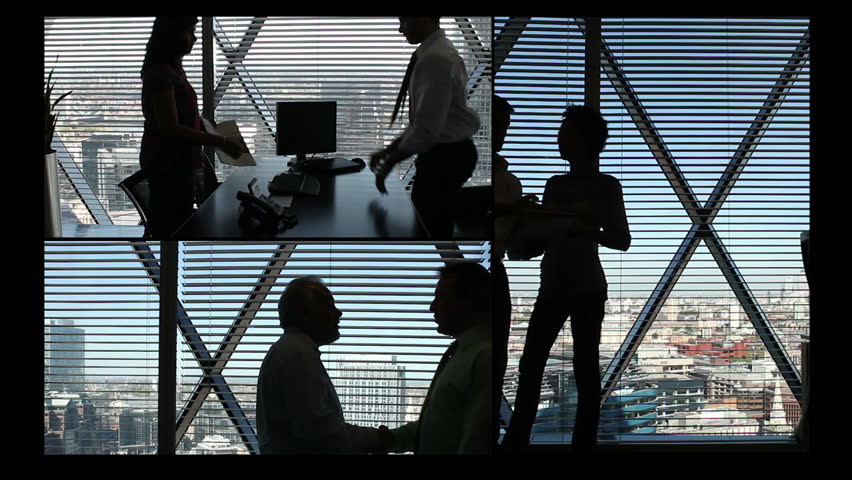 Montage of confident and successful young business team working in a modern high rise office 