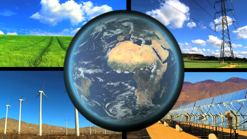 Montage of renewable energy sources with revolving earth graphic