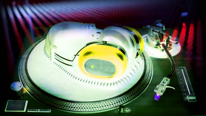 retro headphones spinning around on a dj record player