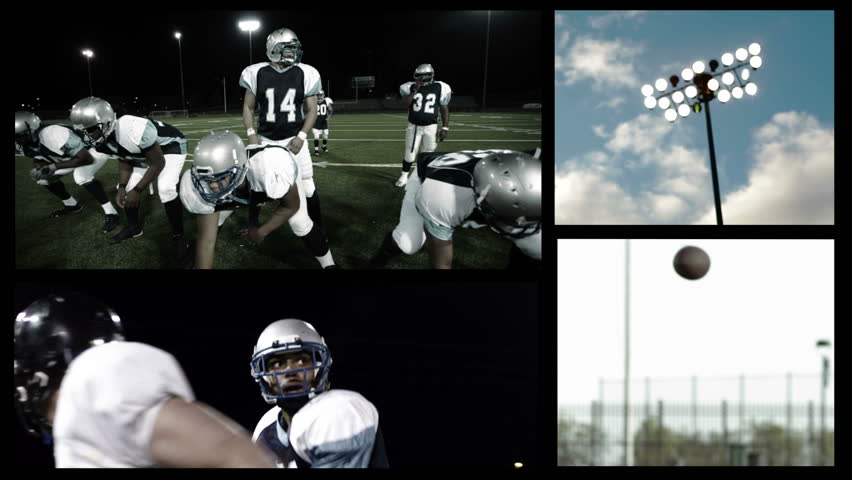A montage grid of football players playing football and other football related scenes