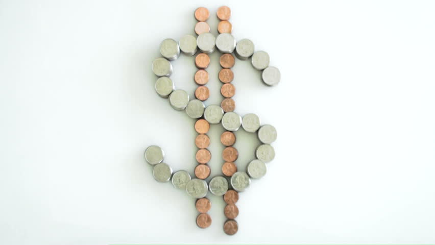 Dollar devaluation concept. Coins, shaped into dollar sign, collapse into pile of loose change.1920x1080
