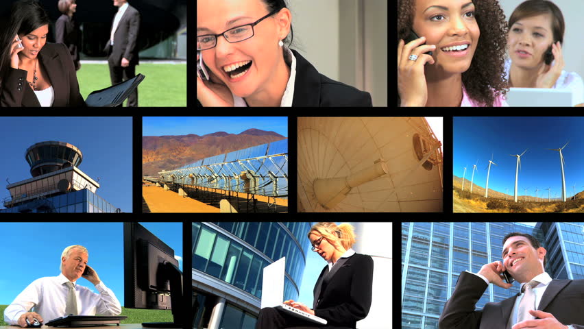 Collection of business people and renewable energy sources in a montage
