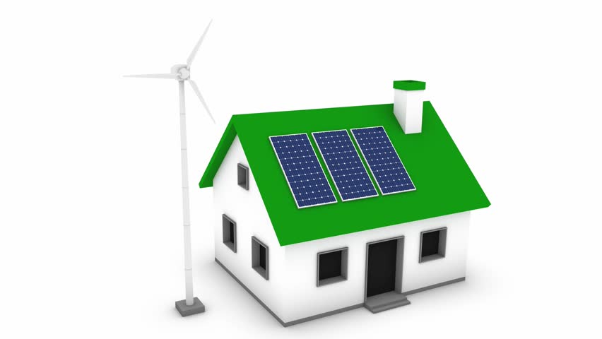 Seamless looping high definition video of a wind turbine rotating, supplying energy to a house. 
