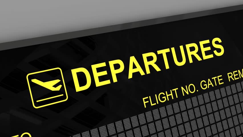 International departures board panel with environment reflection