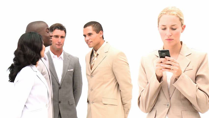 Charismatic business woman using her mobile phone against a white background