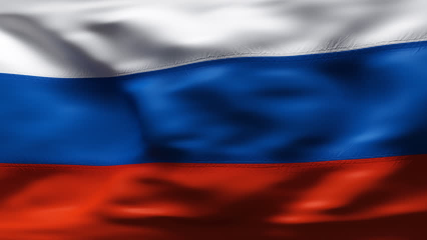Creased Russian cotton flag with visible stitch in slow motion