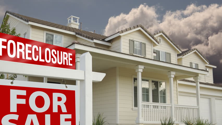 Time-lapse Clouds, House & Foreclosure For Sale Real Estate Sign.