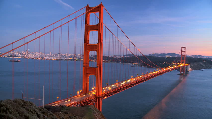 Time-lapse of traffic on Golden Gate Bridge, San Francisco at sunset