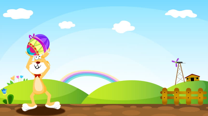 An easter bunny throwing easter eggs around on a happy farm. Two airplanes flew by on the background. NTSC Loop. 
