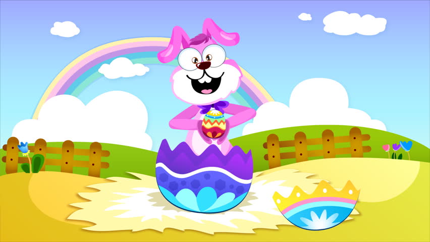 a fluffy and colorful easter bunny inside an opened egg dancing. HD Loop 