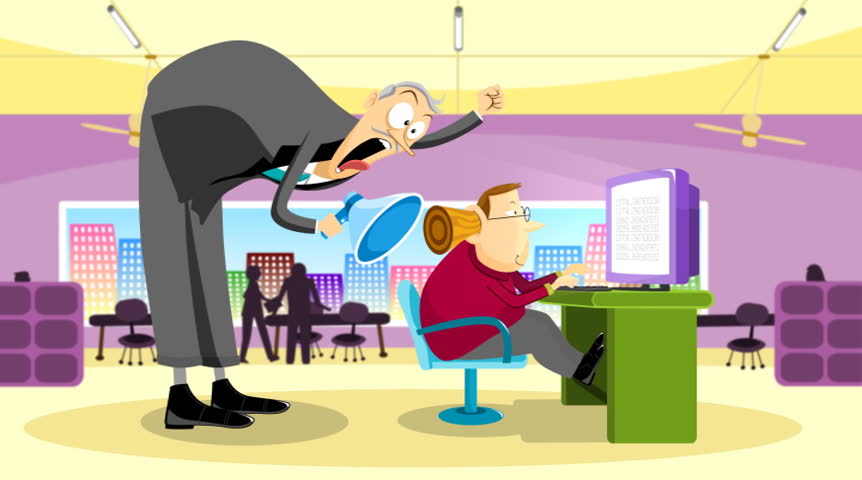 An employee being yelled at by the boss and ignoring him by putting a cork in his ear. NTSC Loopable
