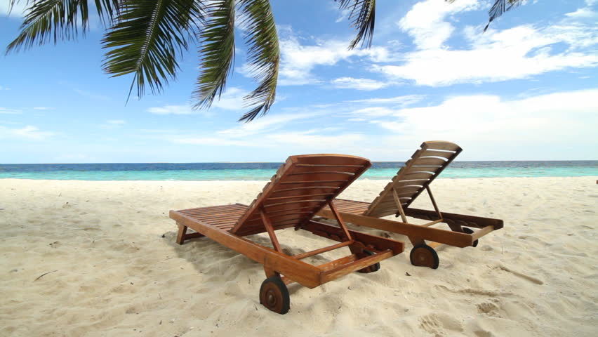 wooden sunloungers under palmtree on sand beach 
