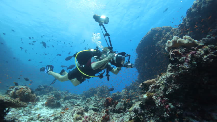 underwater photographer with fisheye during work