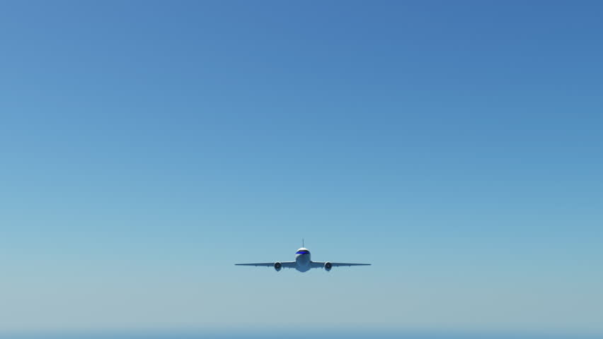 Airplane flying in blue sky.