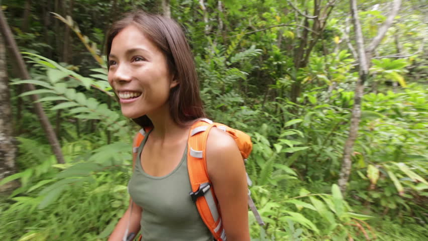 Hiking Woman Trekking In Rainforest Jungle Rear Back