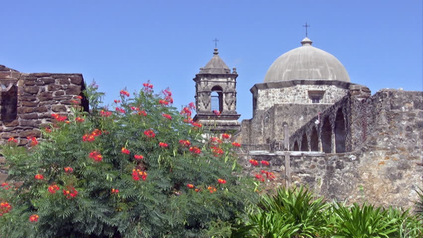 Video of Mission San Jose in San Antonio Texas. Outside walls. Built by Spanish missionaries and Indians in 1720. Stone walls and garden. Don Despain of Rekindle Photo