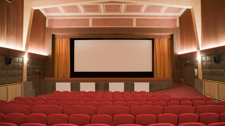 Cinema auditorium in cubism style is crowding by people to watch movie performance. Ready for adding your own picture or text. Time lapse.