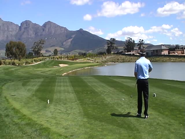 Golfer in a blue golf shirt teeing off on a sunny day
