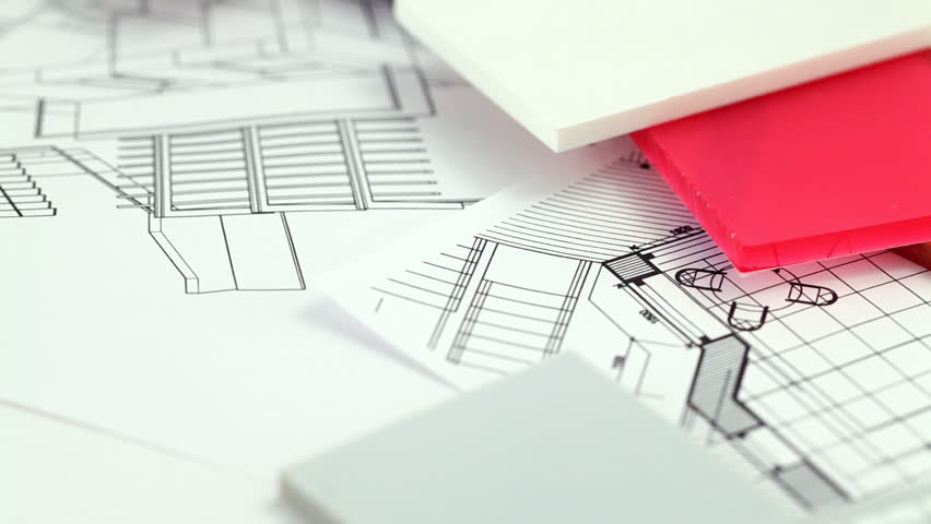 color samples of architectural materials - plastics, Metric Folding ruler and architectural drawings of the modern house