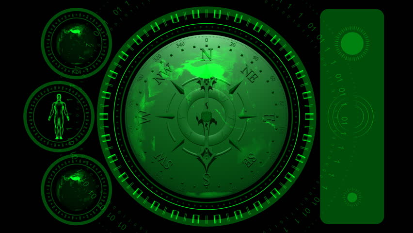 Compass Screen - Hi-tech 24 - 3D animation. Geographical, technological, scientific, crime or hi-tech background. Screen with compass and spinning Earths and man. Alpha included. Loop.