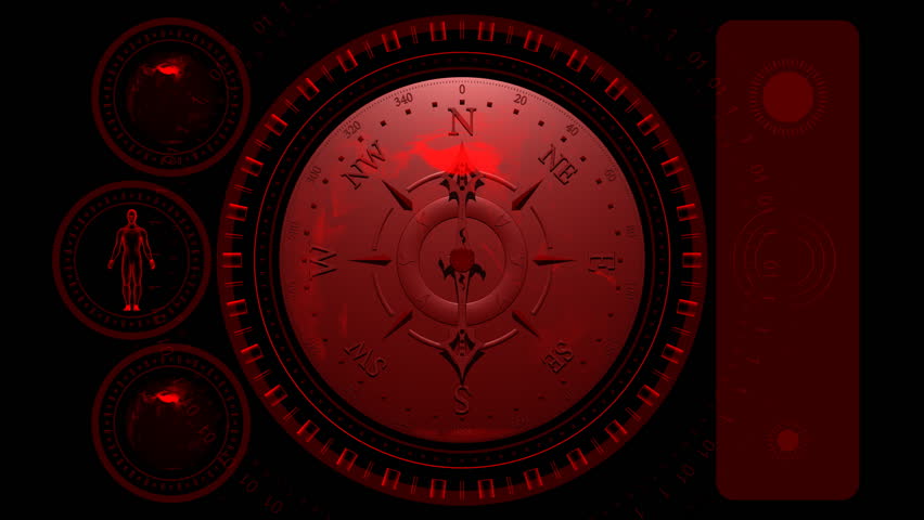 Compass Screen - Hi-tech 26 (HD) - 3D animation. Geographical, technological, scientific, crime or hi-tech background. Screen with compass and spinning Earths and man. Loop.