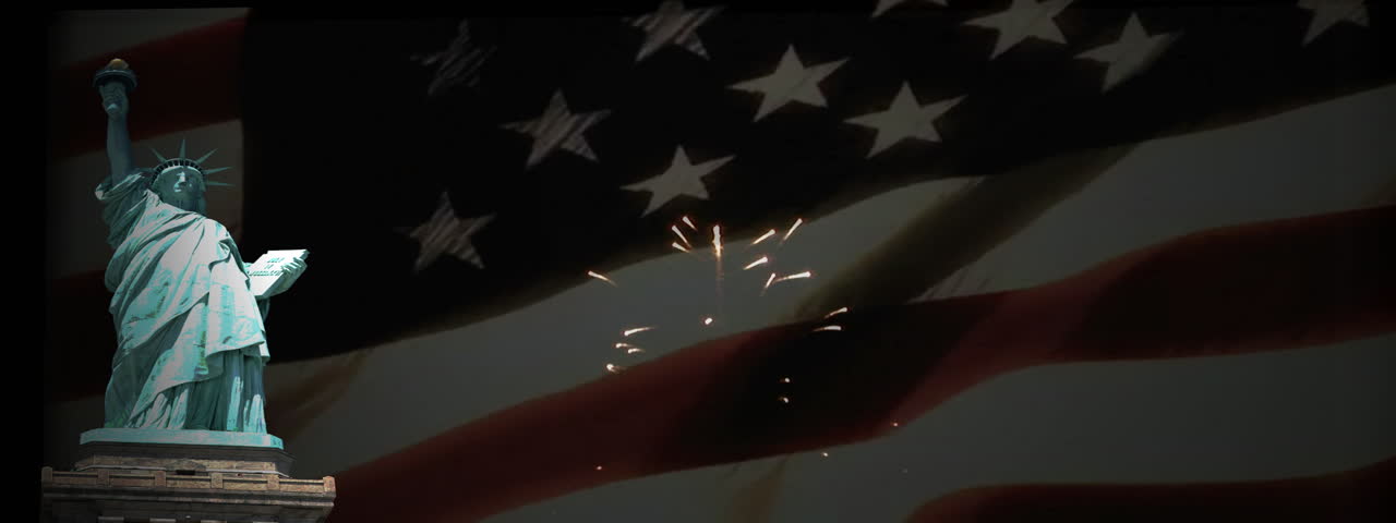 Waving flag with fireworks and Statue of Liberty.