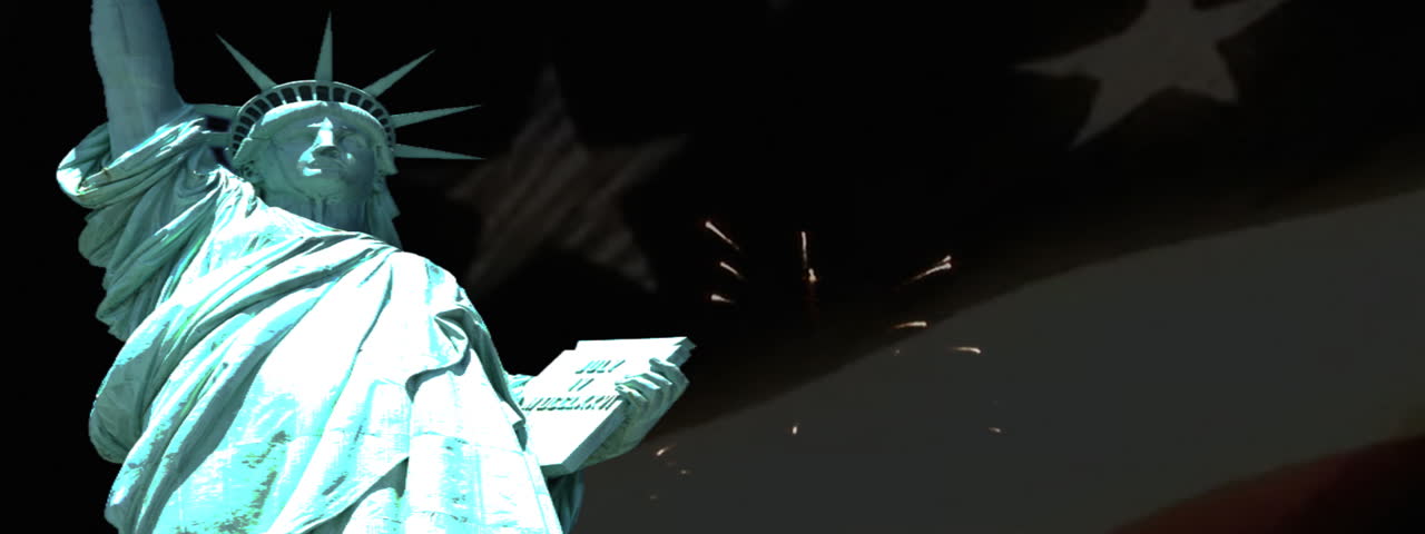 Waving flag with fireworks and Statue of Liberty.