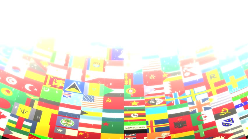 World Flags High definition animated loop of a grid of world flags rising up towards a bright, ethereal light.